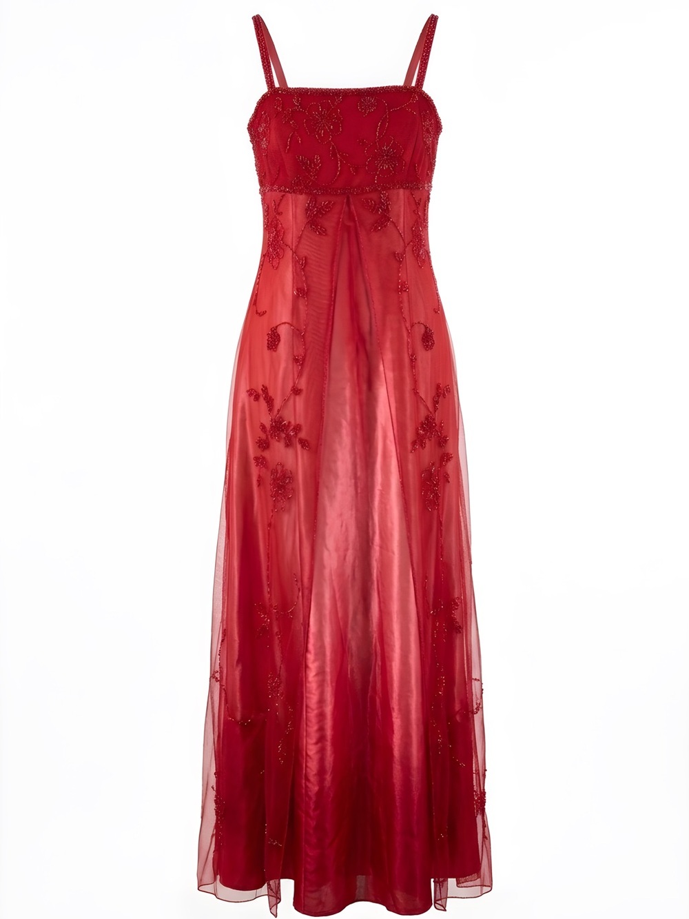 Betsy & Adam Red Beaded Spaghetti-Strap Maxi Dress